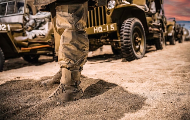 Foto amerikaanse troepen die de stranden bestormen tijdens de tweede wereldoorlog - bevrijdingsdag - reconstructie in het piana delle orme museum, latina, italië