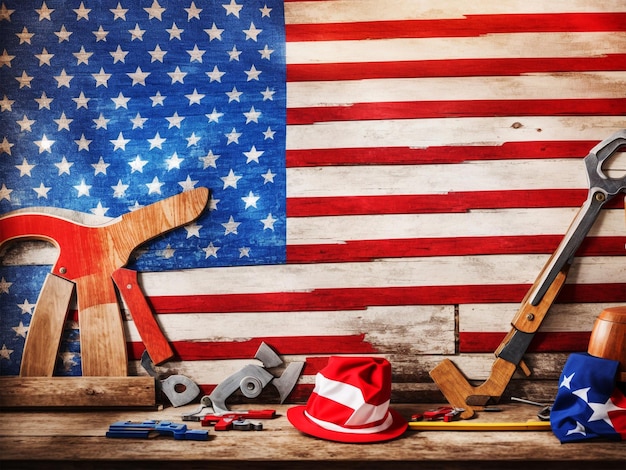 Amerikaanse vlag en hulpmiddelen dichtbij het concept van de helm internationale arbeidsdag