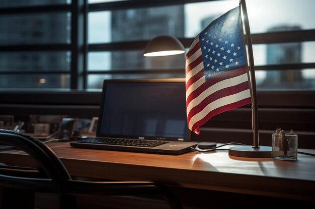 Foto amerikaanse vlag in een moderne werkruimte