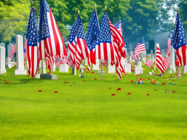 Amerikaanse vlag in rood wit en blauw over een begraafplaats ideaal voor het eren van de gevallen ai gegenereerd