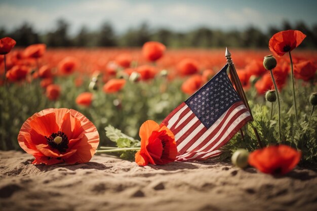 Foto amerikaanse vlag met rode bloem blanke plaquette en grijze stenen plaveisel op de achtergrond