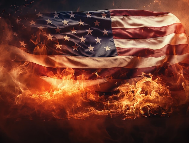 Amerikaanse vlag op de achtergrond van branden in Hawaï