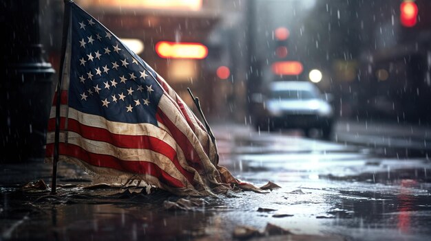 Amerikaanse vlag op straat om Onafhankelijkheidsdag te vieren in de regen