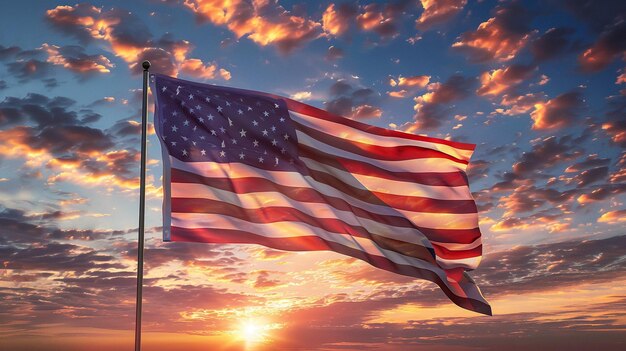 Amerikaanse vlag op vlaggenmast zwaaiend in de wind tegen wolken Amerikaanse vlag voor de heldere hemel