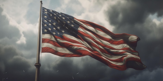 Amerikaanse vlag wappert in de wind tegen een stormachtige lucht met AI gegenereerd