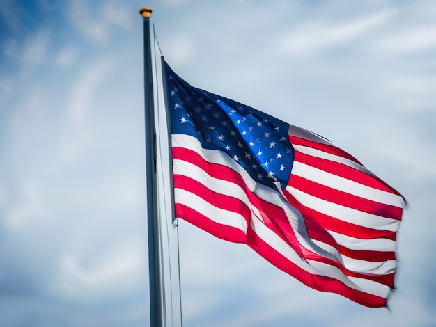 Amerikaanse vlag zwaaiend in de wind tegen een blauwe hemel met witte wolken Generatieve AI