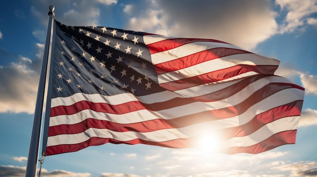 Amerikaanse vlag zwaait in de wind met een prachtige zonsondergang op de achtergrond