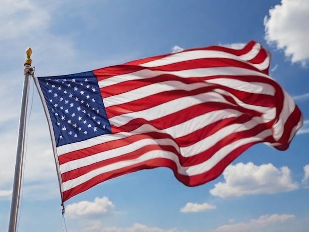 Amerikaanse vlag zwaait in de wind op een achtergrond van blauwe lucht nationale trouwdagviering