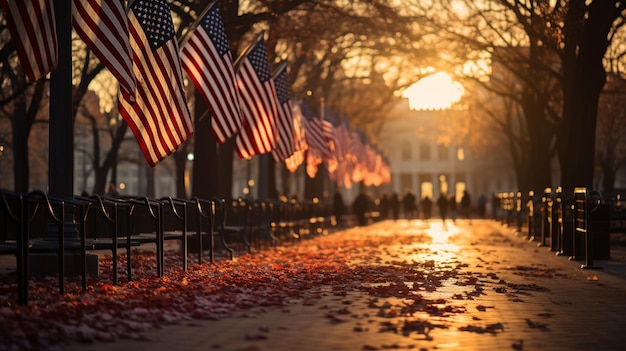 Amerikaanse vlaggen bij de ingang op de achtergrond