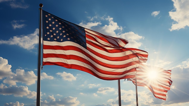 Amerikaanse vlaggen op volle mast in een helder behang