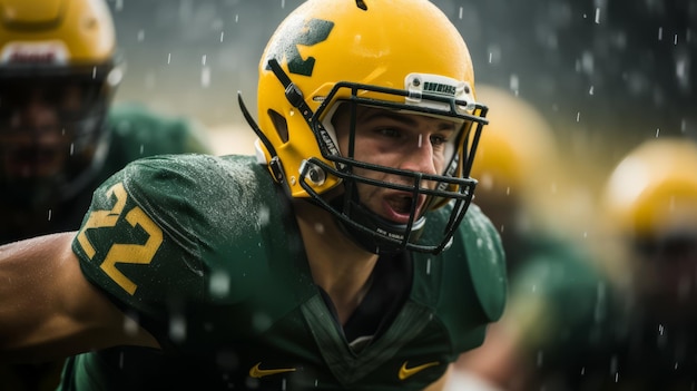 Amerikaanse voetballer in groen en geel uniform