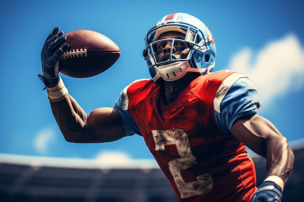 Foto amerikaanse voetballer vangt de bal in een sprong op het stadionveld in helder zonnig weer