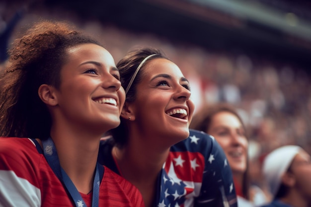 Amerikaanse vrouwelijke voetbalfans in een WK-stadion ter ondersteuning van het nationale team