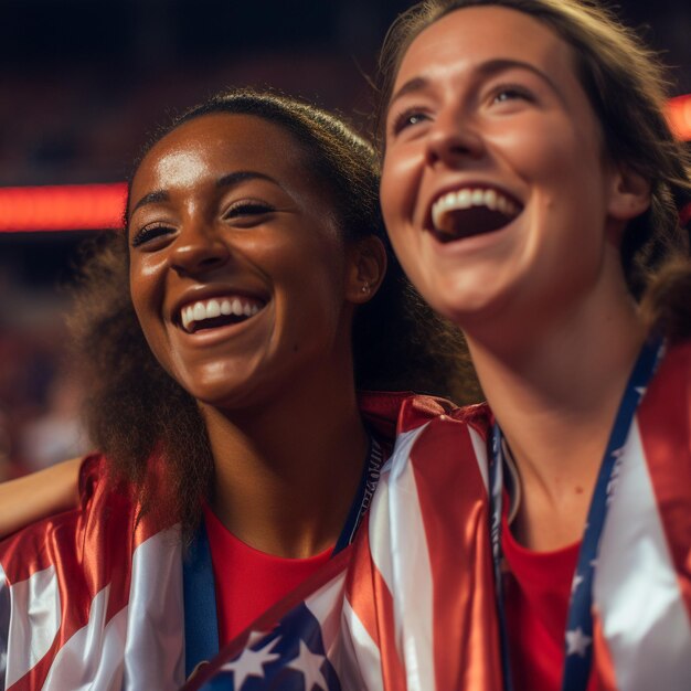 Amerikaanse vrouwelijke voetbalfans in een WK-stadion ter ondersteuning van het nationale team