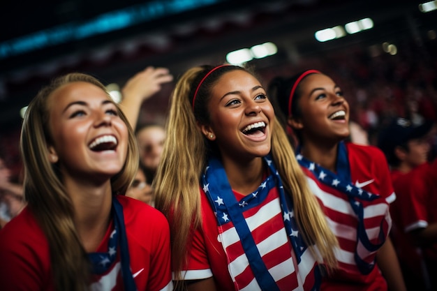 Amerikaanse vrouwelijke voetbalfans in een WK-stadion ter ondersteuning van het nationale team