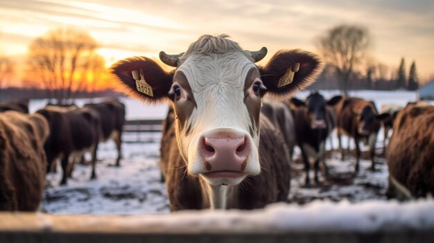 Amerikaanse winterboerderij met sneeuw en gefocuste bruine koe
