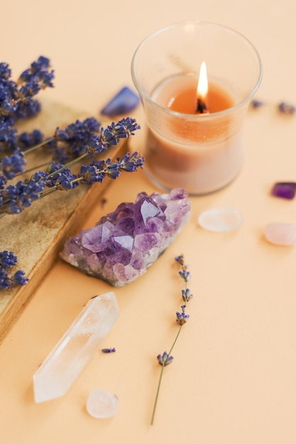 Amethyst candle and lavender still life