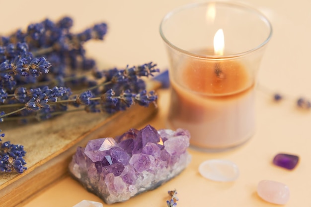 Amethyst candle and lavender still life