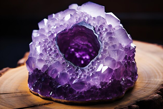 Amethyst geode with droplets of dew emphasizing its color