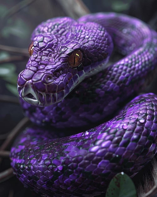 Amethystine purple tree python scrub snake creature in the deep jungle ...