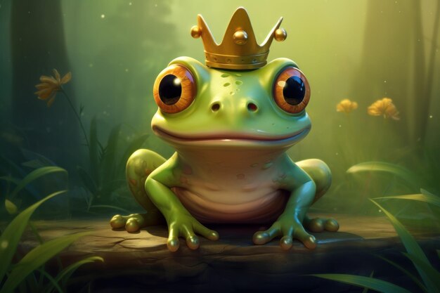 Photo amiable cute frog prince animal crown nature generate ai