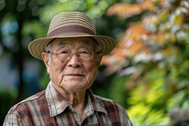 An amicable granddad from Asia outside with copy space Generative Ai