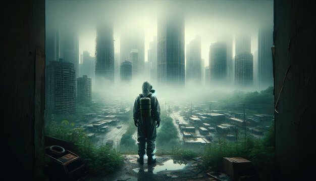 Photo amid mistshrouded ruins a lone explorer navigates the remnants of a oncethriving city overtaken by nature creating a poignant postapocalyptic scene