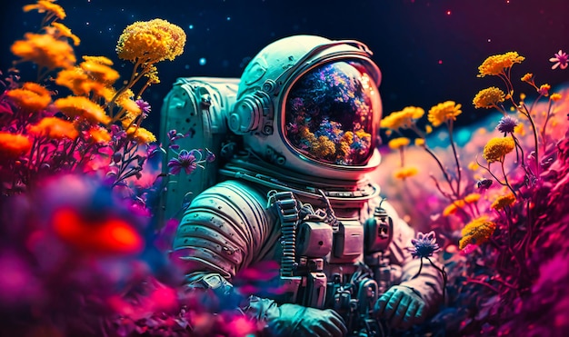 Photo amid a sea of vibrant blossoms the astronaut gazed upon an extraterrestrial landscape awed by its splendor