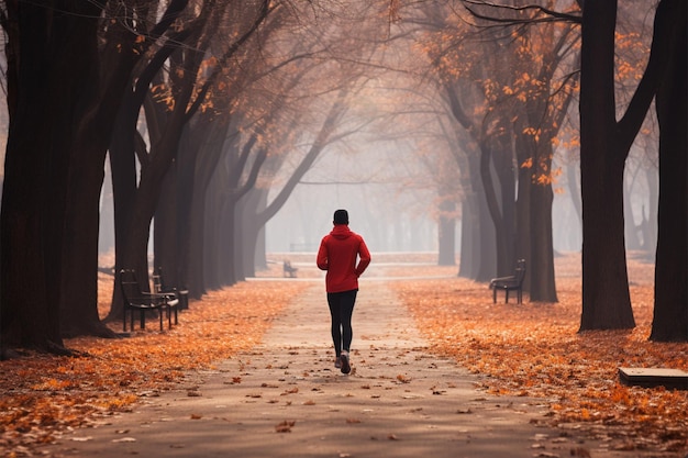 Amidst autumn fog a dedicated runner embraces the serene park