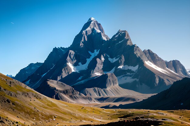 Photo amidst azure skies majestic peaks ascend a panoramic tapestry of mountain splendor