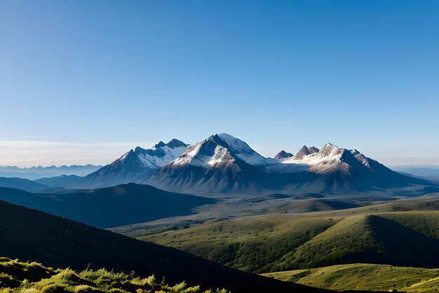 Photo amidst azure skies majestic peaks ascend a panoramic tapestry of mountain splendor