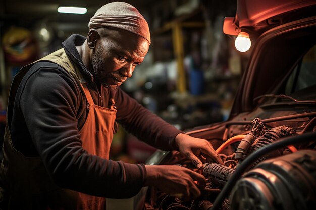 Photo amidst a busy workshop an african auto specialist generative ai