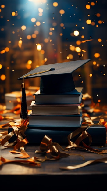 紙吹雪の中、卒業帽と本は教育の勝利とお祝いを表します。