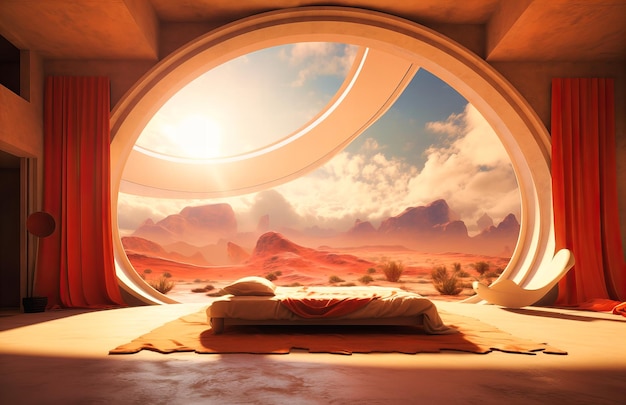砂漠の真ん中にある円形の窓で飾られた広々としたベッドルームは、果てしなく続く砂浜の息を呑むような景色を望む静かなオアシスを提供します。