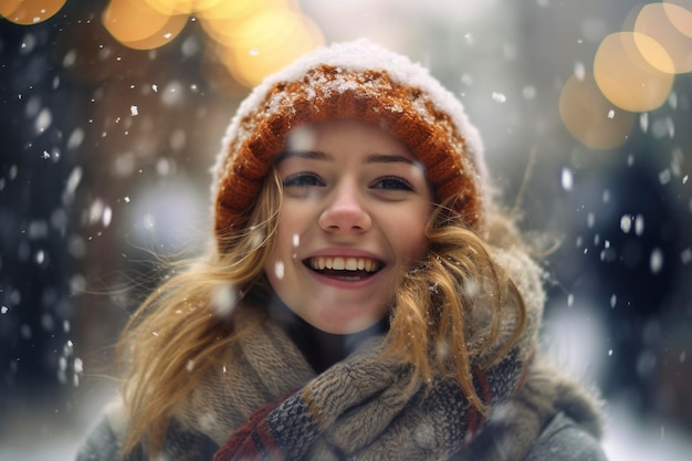 Amidst the enchanting first snowfall of winter a young girl joyfully laughs while warmly wrapped up Ai generated