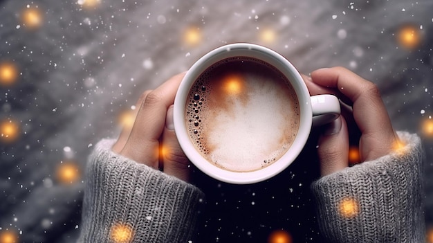 Amidst the fairy lights a woman savors her coffee cup