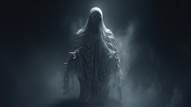 Среди тумана плавает пугающая призрачная фигура с жестокими намерениями Хэллоуинский ужас 3D