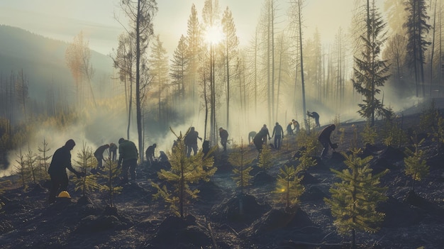 霧の夜明けの真ん中に 燃えた森を再植林する献身的なクルーが 新たな始まりで輝いています 森林火災