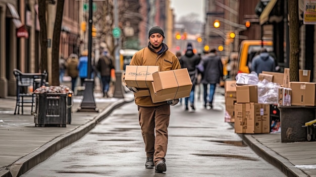 Amidst the hustle and bustle of a busy sidewalk a dedicated courier weaves through the crowd carrying a towering stack of packages with precision and efficiency Generated by AI