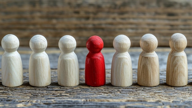 Photo amidst a line of wooden human figurines a lone red figure stands out signifies individuality