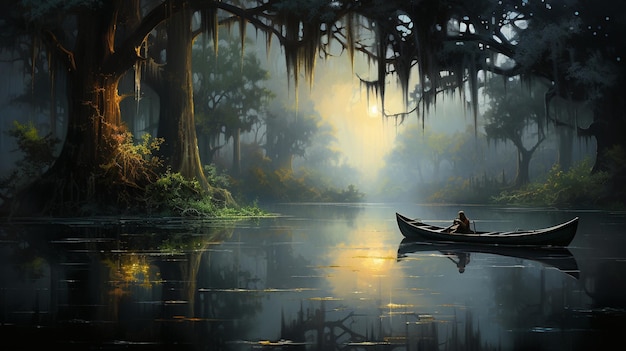 Amidst mistshrouded cypress trees a mystical bayou comes to life under the moon's enchanting gaze