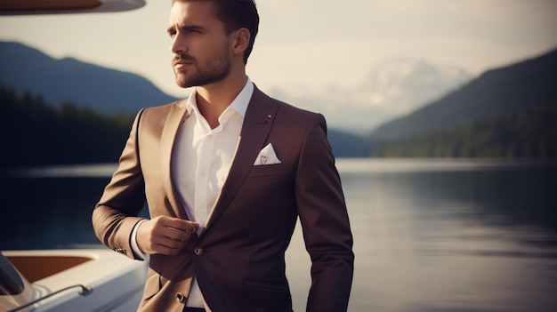 Amidst the peaceful waters of a lake a suave man in a traditional suit closes his jacket with a luxurious yacht faintly visible in the background