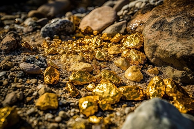 Amidst the rocks on the surface of the earth lie golden nuggets waiting to be found by the lucky prospector Generative AI