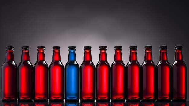 Среди ряда красных бутылк синяя бутылка символизирует концепцию выделяться для отбора