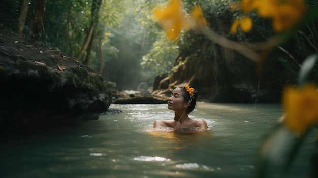 Amidst the serene beauty of nature a girl in rural Thailand dons a colorful sarong while taking a re