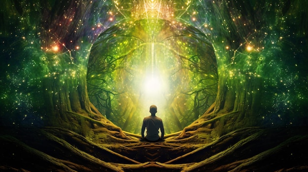 Amidst the serene forest tunnel a human in a lotus yoga pose harmonizes with chakra colors