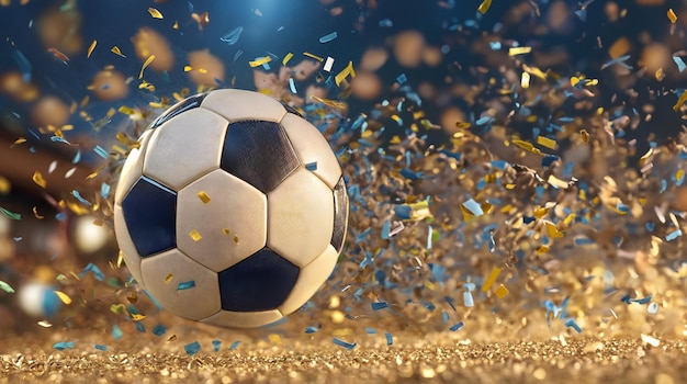 Amidst a shower of confetti soccer ball on the pitch of stadium Generative AI