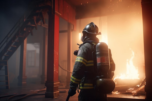 Amidst the smoke and heat of a burning building a firefighter works tirelessly to extinguish the blaze The skills and experience required of those in the firefighting career AI Generative