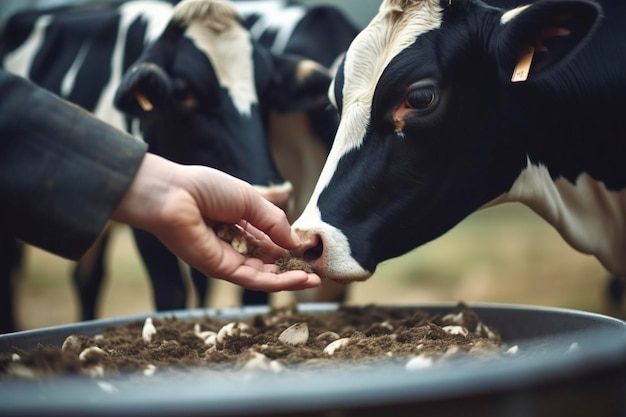 Amidst the sprawling macrofarm a diligent farmer tends to his contented cows ensuring they are wellfed and cared for