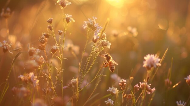 れる草のなかで ミツバチが微妙な花の上に浮かびます その虹色の翼は 暖かい日光で輝いています